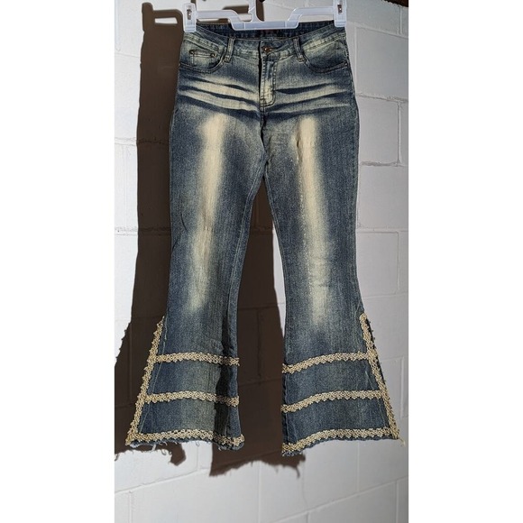 huadi Denim - Huadi Flare Denim Jeans Acid Wash Lace Trim Floral Inset Bell Bottom Y2K 4